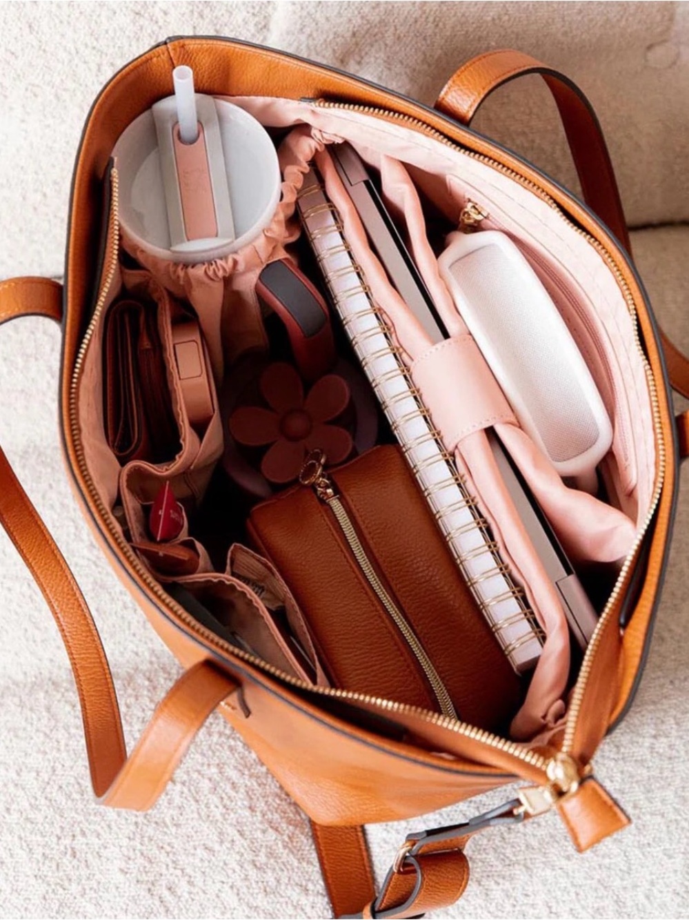 Poppy & Peonies Brown Leather go-getter Laptop Tote - Picture 2 of 15